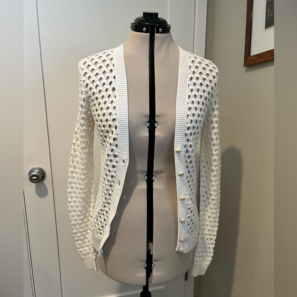 Trina Turk. White cardigan. Long sleeves. Excellent condition. Cotton blend.